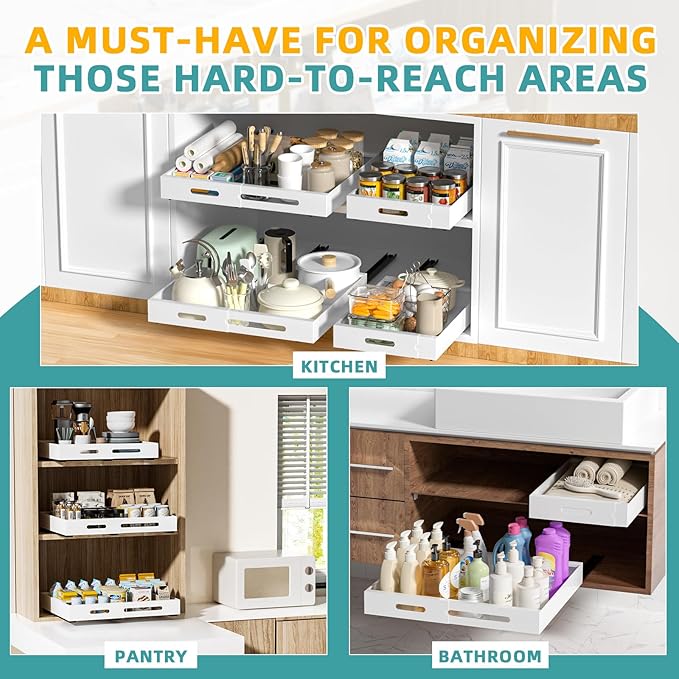 HBL' 1 Pack | 21" Deep Pull Out Cabinet Organizer Adhesive, (13.8" to 22.0") Width Expandable Sturdy Carbon Steel Roll-Out Drawers, Designed for Frameless Cabinets, Slide-Out Shelves for Pantry.
