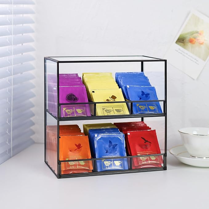 REDHUGO Glass Tea Bag Organizer for Counter, 2-Tier Teabag Organizer Storage Holder for Tea Bags, Glass Caddy Box Containers, Rack Teabag Station Stand for Cabinet Kitchen, 2-Tier, Black