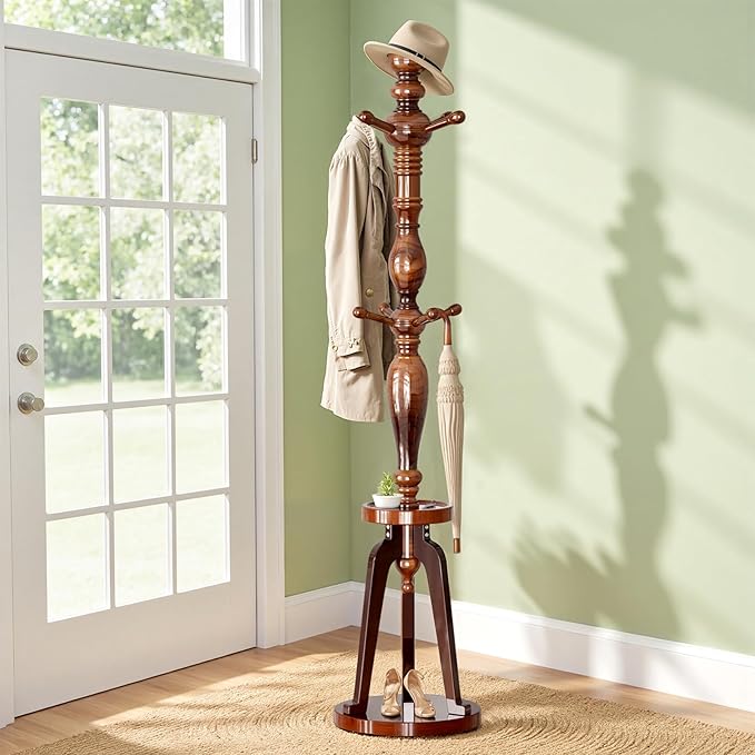 Coat Rack with 8 Hooks, Hall Tree Freestanding with Shelf, Wood Coat Tree Heavy Duty with Round Base, Standing Coat Rack, Load Capacity 220 lb, Coat Hanger Stand for Entryway Hallway Office 17.13x74"