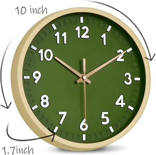 HIPPIH Wall Clock 2 Pack, 10 Inch Modern Wall Clocks Battery Operated, Non Ticking Silent Wall Clock, Simple Small Analog for Living Room, Bedroom, Kitchen, School, Office, Green
