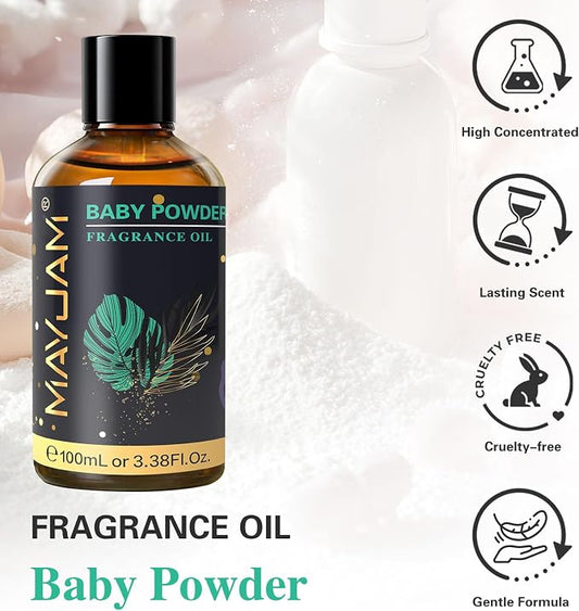 MAYJAM 100ML/3.38FL.OZ Baby Powder Fragrance Oils with Glass Dropper, Essential Oils for Diffusers, Long Lasting Scented Oils for Soap Candle Making