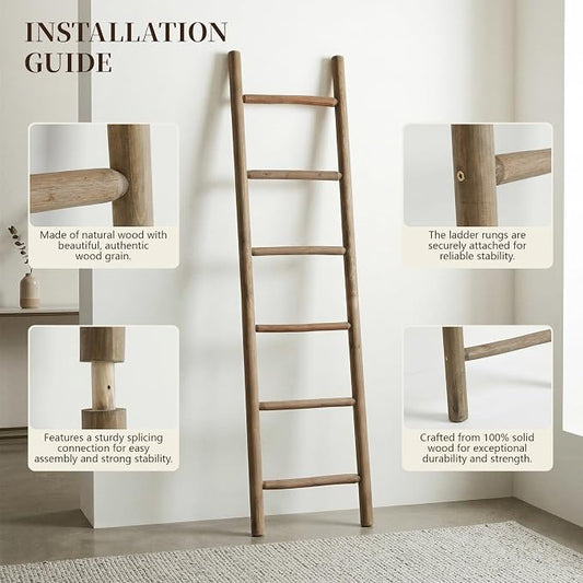 Wooden Blanket Ladder - 76in Natural Wood Color- Leaning Wall Decor for Bedroom, Bathroom, Living Room - Rustic Quilt Holder (Natural Wood Color (Knock Down), 76in | Knock Down)