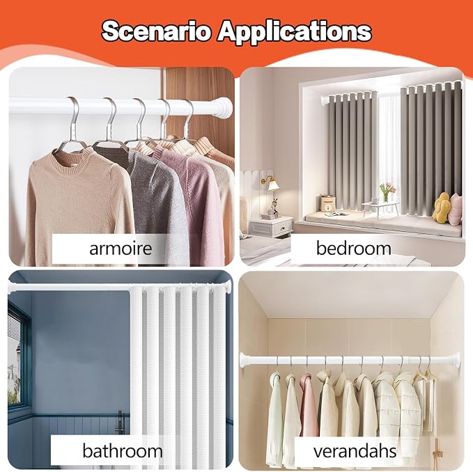 Closet Rod, 30 to 52 Inch Adjustable Closet Rods for Hanging Clothes Heavy Duty Closet Hanging Rod White Closet Poles for Wardrobes with No Drilling Holder