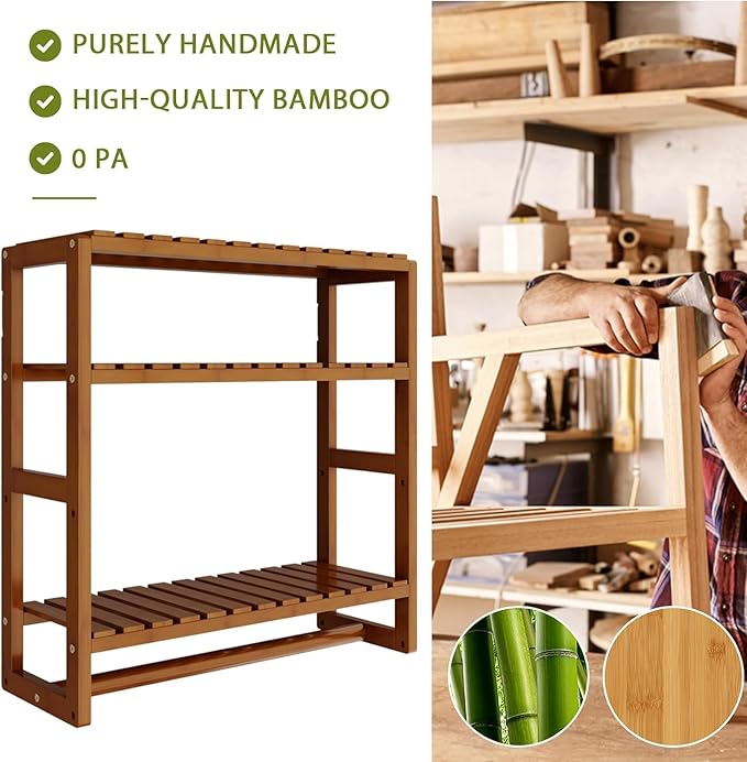 Galood Over The Toilet Storage Bathroom Shelves Wall Mounted 3 Tier Space Saver Corner Shelf Organizer Bamboo Towel Rack Toilet Paper Cabinet with Hanging Rod Brown