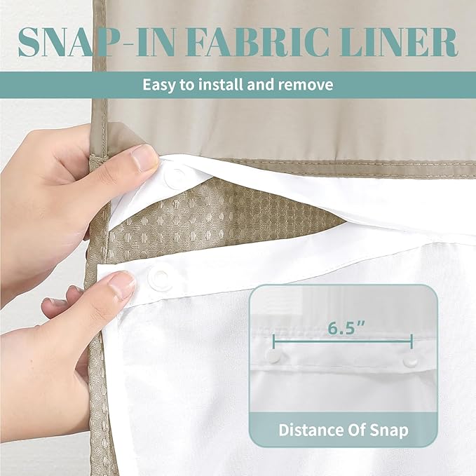 Khaki No Hook Waffle Weave Shower Curtain with snap-in Liner Replacement, 230GSM Waterproof Fabric Hotel Shower Curtain Set for Bathroom, Through Mesh Top Window,71Wx80H