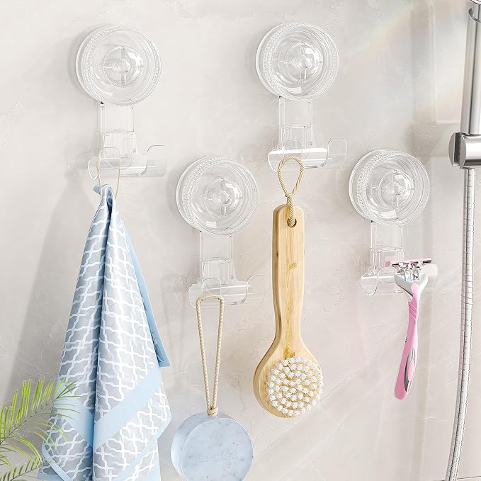 LUXEAR Suction Hooks, 4 Pack Razor Hooks Removable & Reusable Suction Shower Hook Waterproof Damage-Free Suction Hanger for Towel Bathrobe Loofah Bathroom Kitchen Waterproof Weather Hanger Hook