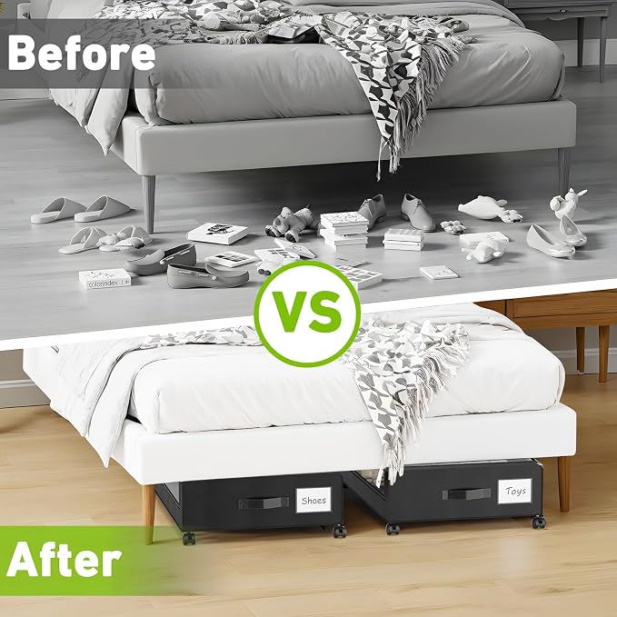 Molutsody Under Bed Storage with Wheels, 2-Pack Underbed Storage Containers with Clear Lids, Under Bed Shoe Storage Organizer, Rolling Under the Bed Storage Bins for Clothes Shoes Blankets (Black)
