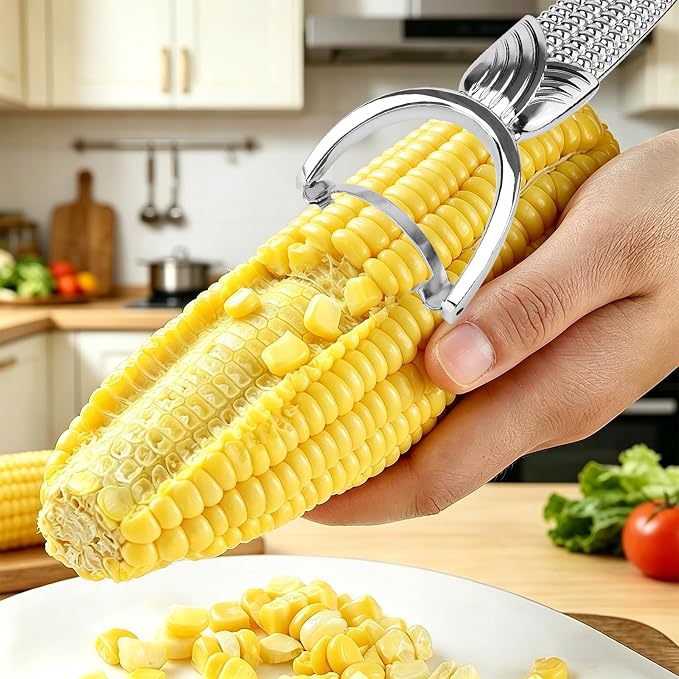 Corn Peeler and Stripper for Cob, Stainless Steel Husker Tool with Ergonomic Handle, Sharp Kernel Remover & Shucker for Kitchen, Silver