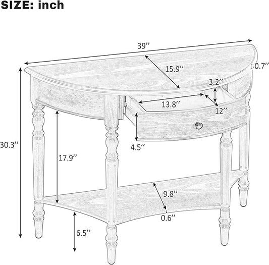 Amposei Small Curved Console Table 39-Inch Retro Farmhouse Wood Entry Sofa Table with Drawer & Storage Shelf for Living Room Hallway Entryway Furniture, Natural