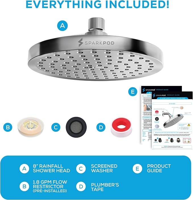 SparkPod Rain Shower Head, 8 Inch Round | High Pressure Shower Heads, 90 Nozzle (Touch-to-Clean), Adjustable Showerhead, No-tool Universal Connection