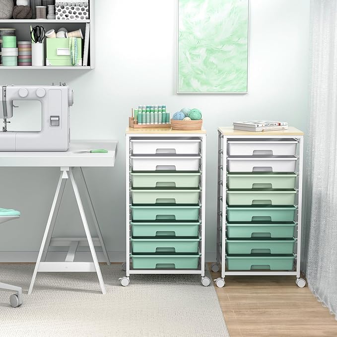 Rolling Storage Utility Cart Organizers with 8 Drawers and Wooden Tabletop for Living Room,Office,Classroom,Craft Room,Bedroom,Dorm,Green