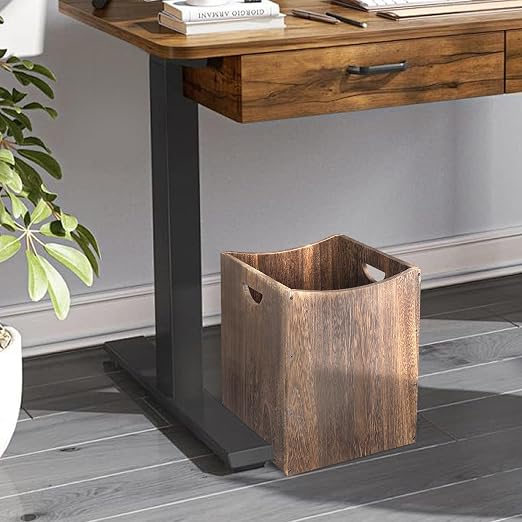 2 Pack Large Wooden Trash Can 9 Gal Curved Design Office Waste Basket, Square Farmhouse Garbage Can, Brown Vintage Wood Trash Can Storage Basket With Handles for Bedroom Office Living Room Decorative