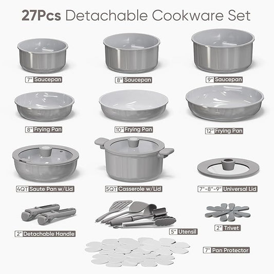 CAROTE 27pcs Ceramic Cookware Set Nonstick, Pots and Pans Set Non Stick, Non Toxic Cookware Detachable Handles, Dishwasher/Oven Safe, RV/Camping Cookware, Pan and Pot with Kitchen Utensils, Dark Gray