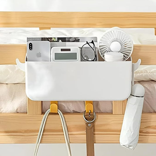 Bunk Bed Shelf for Top Bunk Plastic Bedside Shelf Accessories for Kids Bunk Bed Caddy with Hooks For Bed Rail, White, 11 lbs Capacity