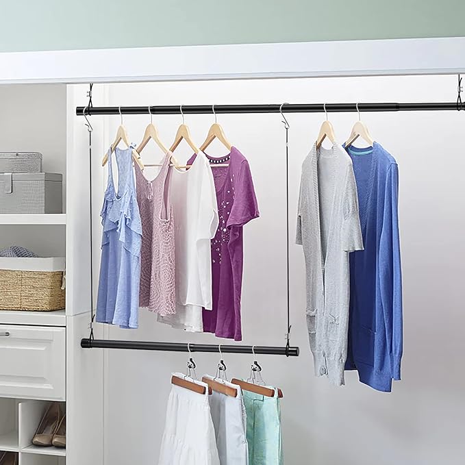 INFLATION Closet Rod With Hangers Adjustable Width (15-50 Inch) Tension for Hanging Clothes Rack, 35 Inch Height, Elegant Black Hanging Closet Organizer for Women, Men and Kids