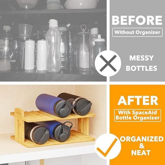 SpaceAid Bamboo Water Bottle Organizer with Labels, Kitchen Pantry Water Bottle Storage Rack for Cabinets, Home Cup and Wine Bottle Holder Shelf Organizers, (2-Tier, Hold 6 Bottles)