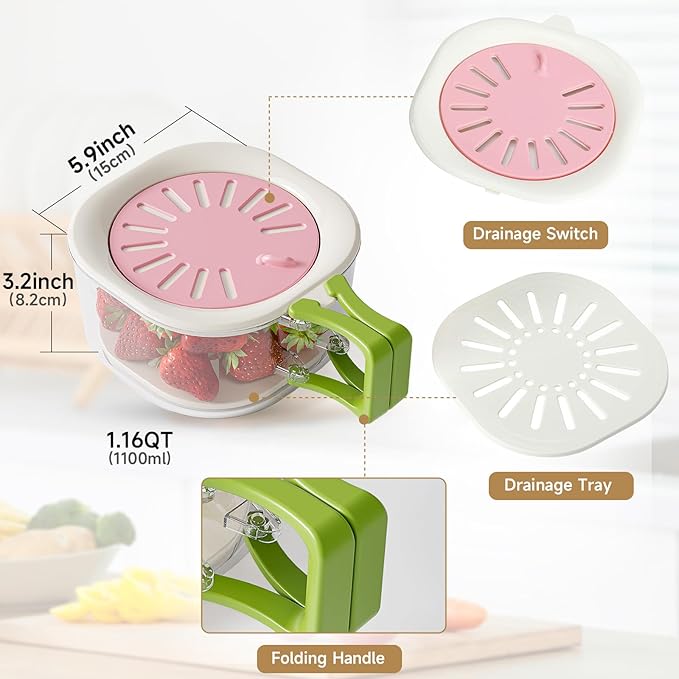 Fruit Vegetable Washing Bowl with Strainer, Berry Lettuce Keeper for Fridge Refrigerator Organization, Portable Colander for Kitchen Fridge, Drainer Container With Lid, 2 Pack (Pink)