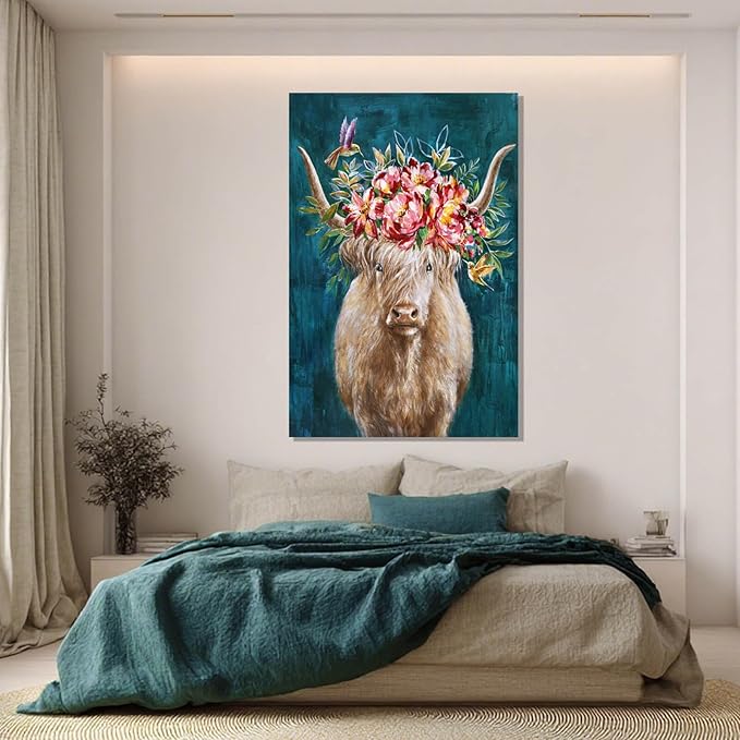 ZENPEE Abstract Modern Animal Wall Decor, Blue Highland Cow Wall Art, Rustic Farmhouse Canvas Decoration for Living Room or Bedroom, 32" x 48"