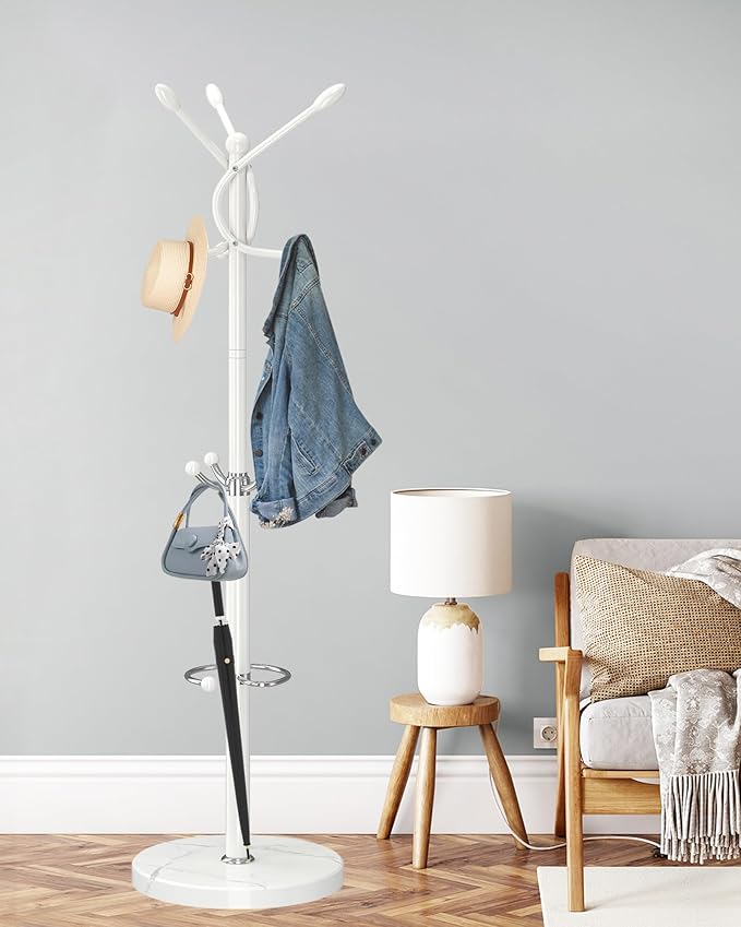 ZOZOE Metal Coat Rack Stand, Modern Coat Rack Freestanding with Natural Marble Base, Sturdy Coat Racks with 10 Hooks & Umbrella Holder,White Coat Tree Hanger Stand for Bags,Hats,Entryway,Office