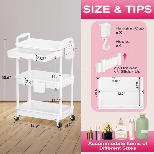 Goovilla Rolling Makeup Organizer Cart with Removable Drawer, 3 Tier Stable White Floor Skincare Storage Cart for Vanity, Cosmetic Display, Nail Polish, Perfume, Hair Stuff, Beauty, Bathroom(Plastic)