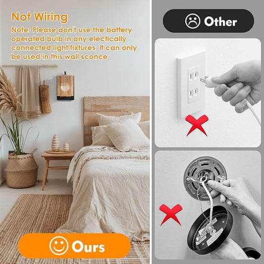 Battery Operated Wall Sconces Set of 2, Wireless Boho Rattan Wall Lights with Dimmable Bulbs, Remote & 12-Color RGB, Rechargeable Lamps for Bedroom, Living Room, Hallway Indoor Lighting