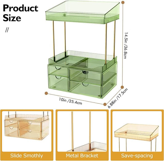 SNSLXH 4 Drawers Makeup Organizer - 4 Tier Makeup Storage, Cosmetics Organiser, Ideal for Cosmetic, 4 Dividers with Drawers for Countertop, Bathroom, Office Supplies, Dresser Transparent Green