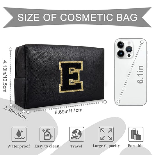Personalized Initial A-Z Preppy Patch Makeup Bag,Small PU Chenille Letter Cosmetic Bag with Zipper for Teen Girls,Black Cute Toiletry Organizer Bag,Monogram Makeup Case Gift for Women Girls,Letter E