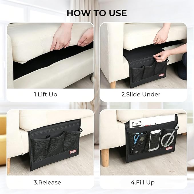 HAKACC Bedside Caddy, Remote Holder for Bed, Storage Organizer with Pockets for Bed, Sofa, Phones, Magazines, Tablets and Accessories, Black