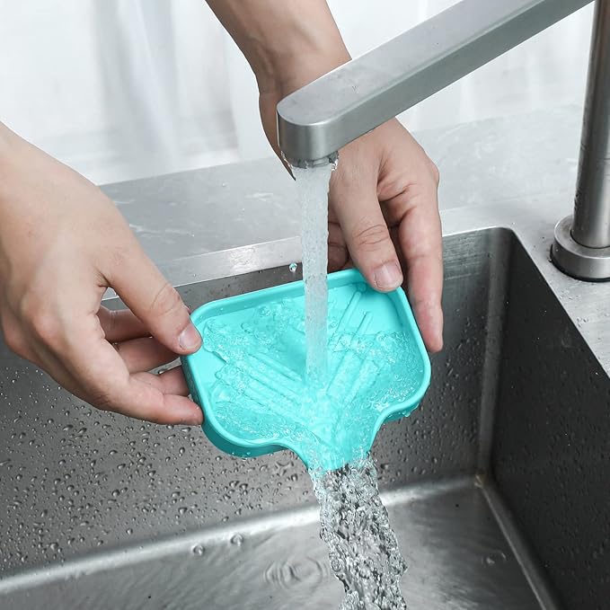 MicoYang Silicone Soap Dish with Drain Spout, Self-Draining Sink Organizer Tray for Bathroom and Kitchen, Sponges, Dispensers and Soap Holder, Non-Slip and Dishwasher Safe, Mint (Compact, 4.9"×3.2")