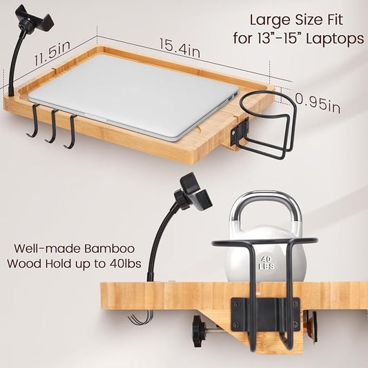 Bedside Shelf for Dorm Bed & Top Bunk, Bamboo Bed Side Table Tray with Cup Phone Holder & Hooks, Bedside Caddy, Clip on Nightstand Bedside Storage College Dorm Room Essentials (Bamboo-1)