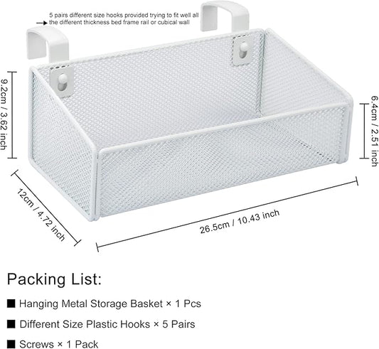 Bedside Caddy Hanging Storage Basket Beside Shelf Metal Organizer for Collage Dorm Bunk Bed,Hospital Bed,Baby Bed - Bedroom Essentials for Magazine,Remote Control,Phone,Drinks (White)