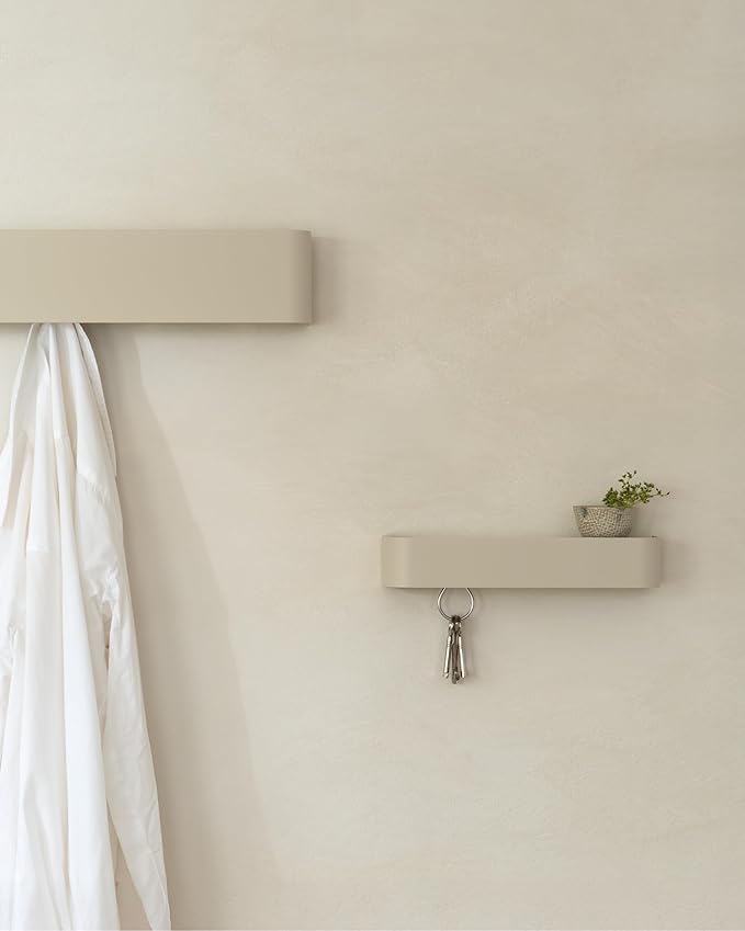 Kazai.ยฎ Coat Rack Wall Mount with Shelf 'Tone' | Modern Design Coat Hanger with Hidden Hooks and Storage | Hat Rack with Shelf in Metal | Wall-Mounted Purse Organizer | Taupe