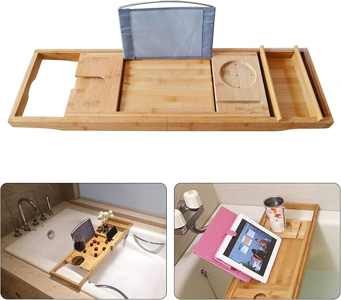 Bamboo Bathtub Tray Expandable Bathroom Tray for Home Spa Relaxation, Premium Foldable Wood Bath Table, Soap Dish, Book, Phone & Tablet Holder, Wine Glass Slot - Relaxing Bath Caddy