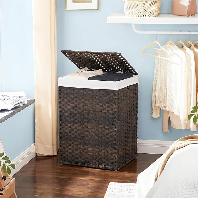 FDW Handwoven Laundry Hamper with Lid, 90L Foldable Rattan Clothes Basket with 2 Removable Liners & 6 Mesh Laundry Bags for Bathroom Bedroom, Brown