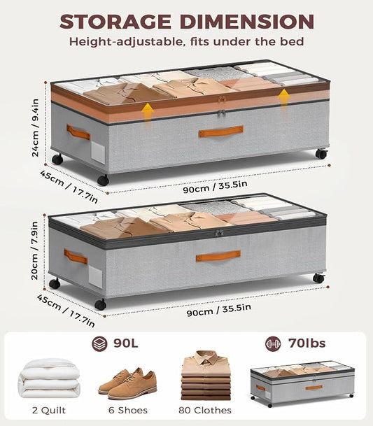 Under Bed Storage with Wheels, 35.5 inches Underbed Storage Large Capacity Under Bed Rolling Containers, 2 Pack Under the Bed Storage for Clothes, Shoes, Blankets (Deep Gray)