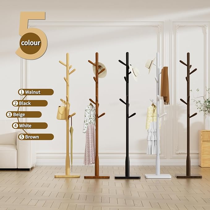 Solid Wood Square Base Coat Rack, Free Standing Hall Coat Tree with 8 Hooks(+2 spare) for Coats, Hats, Bags, Purses, for Entryway, Hallway, Rubberwood Hooks,Base and Pole,(Square Base, Dark Walnut)