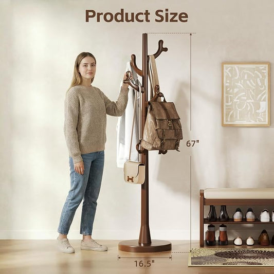 Uniclinens Coat Rack Freestanding Solid Wood Coat Tree Standing with 4 Hooks, Coat Rack Stand Creative Tree Branch-look (Walnut)