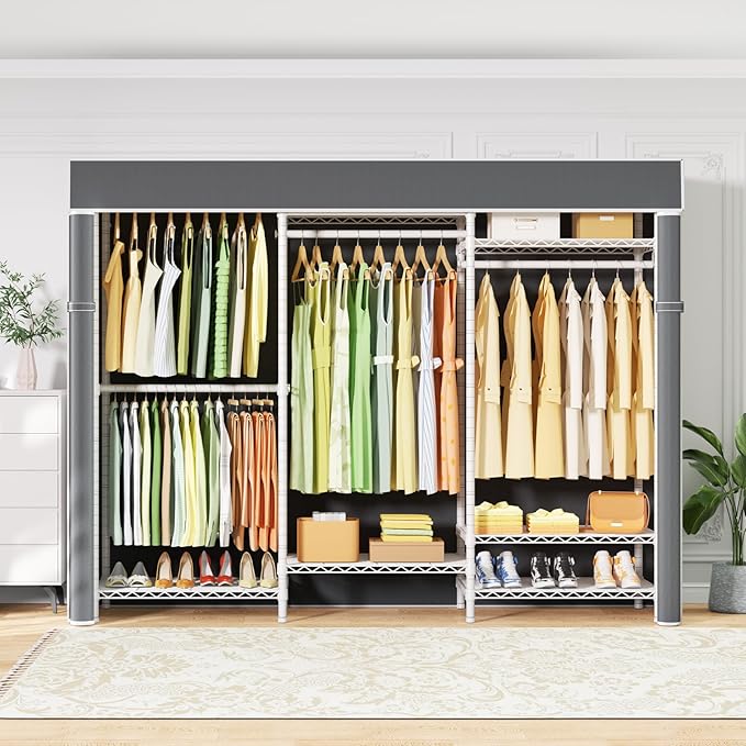 Ulif E13C Heavy Duty Closet Organizer System,Freestanding Clothing Racks for Hanging Clothes,Adjustable Garment Rack 63" W x 16" D x 77" H Hold 960 lbs,White Clothing Rack with Grey Dustproof Cover