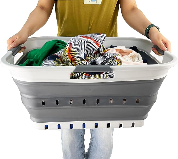 SAMMART 42L (11 gallon) Collapsible Plastic Laundry Basket - Foldable Pop Up Storage Container/Organizer - Space Saving Hamper/Basket (1, Grey/Steel Grey)