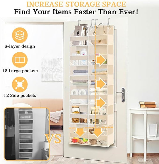 2 Pack Over The Door Organizer 6 Tiers, Extra Large Behind Door Storage of 12 Compartments, 80 lbs Weight Capacity Hanging Storage Organizer with Clear Window Kids Toys,Shoes (6 Tiers - Beige)