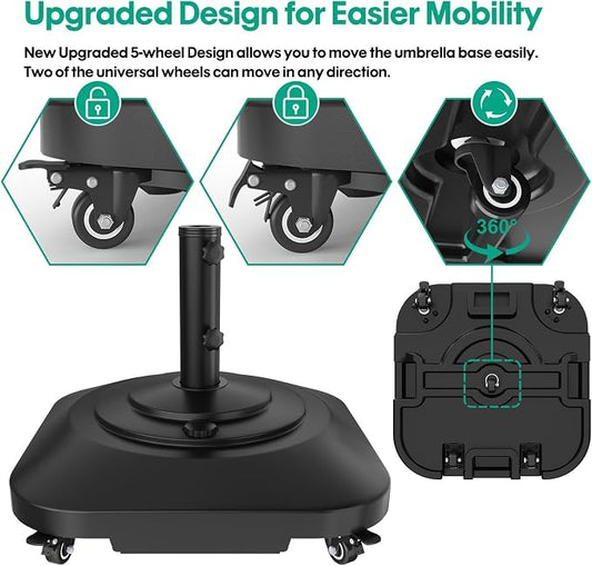 QZER Umbrella Base with 5 Wheels, Upgraded 145lb Umbrella Stand Base, Heavy Duty & Windproof, Fillable Umbrella Base Mobile Umbrella Outdoor for Patio, Deck, Poolside, Lawn, Fits Most Sized Umbrellas