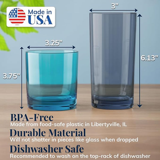 US Acrylic Classic Plastic Reusable Drinking Glasses (Set of 8) 12oz Rocks & 16oz Water Cups in Coastal Colors | BPA-Free Tumblers, Made in USA | Top-Rack Dishwasher Safe