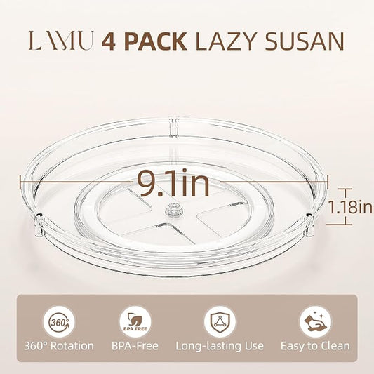LAMU 4 Pack Lazy Susan Organizer, 9'' Clear Lazy Susan Turntable for Cabinet, Fridge, Kitchen, Pantry, Countertop, Table Top, Refrigerator Organizers and Storage, Seasoning and Spice Organizer