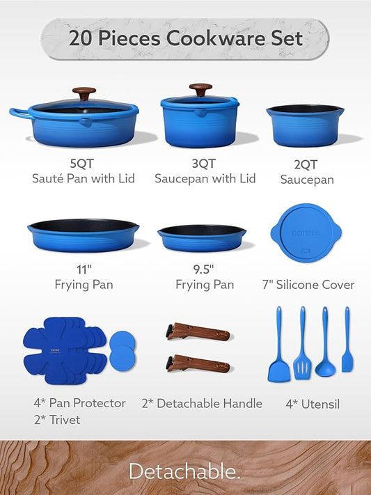 CAROTE 20Pcs Titanium Cookware Set, Pots and Pans Set Non Stick, Kitchen Cooking Set with Detachable Handle, Non Toxic Induction Cookware - Camping Cookware, Dishwasher/Oven Safe, Blue