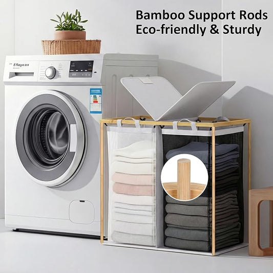 efluky Laundry Hamper with Lid, Double Laundry Basket with 2 Removable Bags, 2 Section Laundry Bin with Bamboo Handles for Bathroom, Bedroom & Laundry Room, 140L (36.9 Gallon) Light Grey