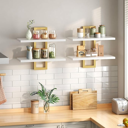 HOOBRO Floating Shelves, 15 Inch Wall Shelf Set of 2, Wall Mounted Storage Shelves 2-Tier, Hanging Bathroom Shelves, for Living Room, Bedroom, Bathroom, Kitchen, White and Gold DW32BJ01