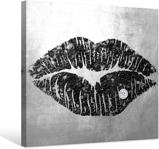 Lip Canvas Wall Art Black and Grey Wall Decor Sexy Lip Poster Framed Picture Gray Room Decor for Bedroom Bathroom Makeup Room 24x24Inch