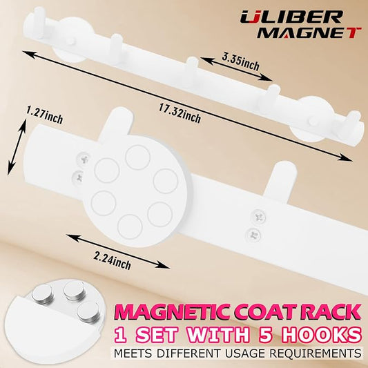 ULIBERMAGNET White Magnetic Coat Rack,Heavy Duty Coat Magnetic Holder with 5 Hooks,Anti-Slip Strong Magnetic Hanger for Refrigerator,Metal Cabinet,Entryway,Hanging Coat, Jackets, Umbrella,Scarf,Bag