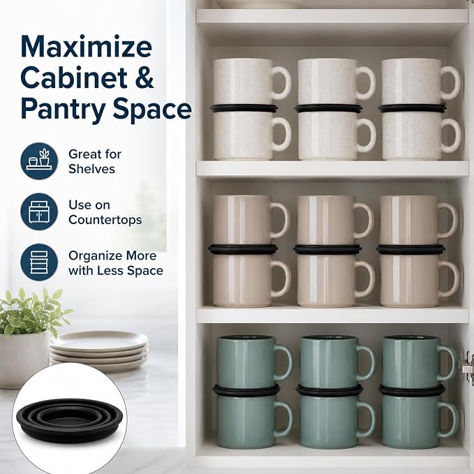 4-Pack Mug Organizer for Kitchen Cabinet, Stackable Coffee Mug Storage – Adjustable Cup Organizer for Tea Cups, Coffee Mugs, Glassware – Space-Saving Under Cabinet & Pantry Storage Solution