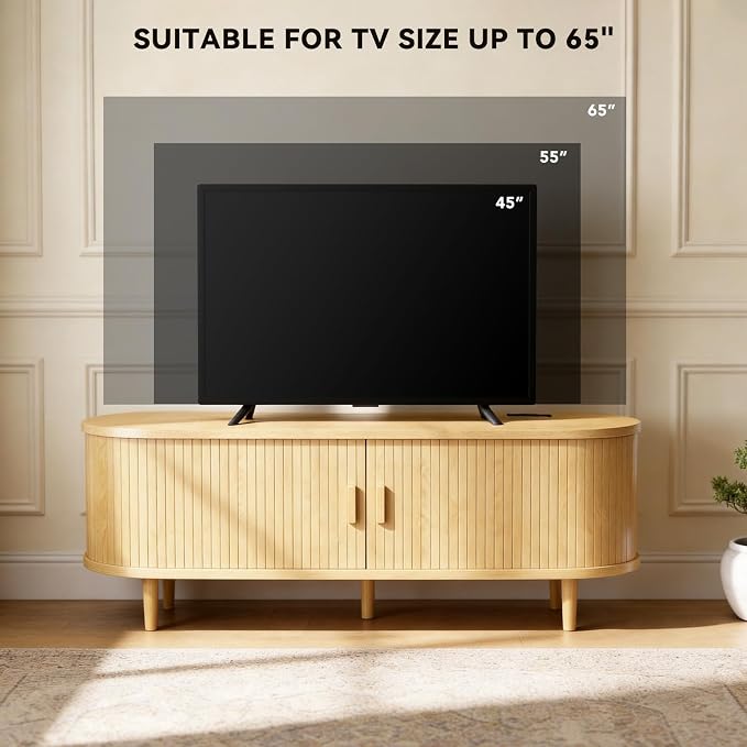 58" Mid Century Modern TV Stand with Power Outlet, Fluted Entertainment Center with Storage and Adjustable Shelves, Wood TV Console with Sliding Doors for Living Room, Oak